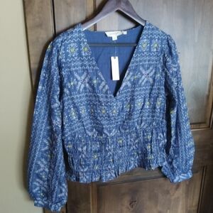 Anthropologie Blue Blouse with Smocked Relaxed Fit